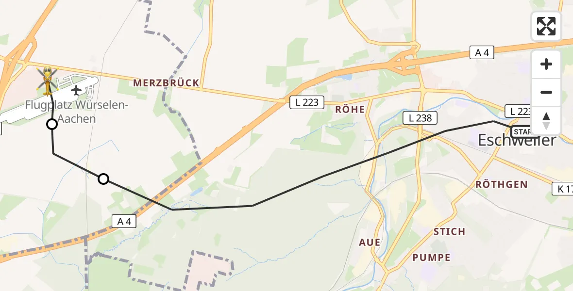 Flugroute Rettungshubschrauber Eschweiler - Aachen-Merzbrück Flughafen, 24 Juli 2026, 09:28