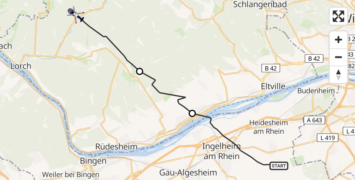 Flugroute Polizeihubschrauber Ingelheim am Rhein - Lorch, 24 Juli 2026, 09:32