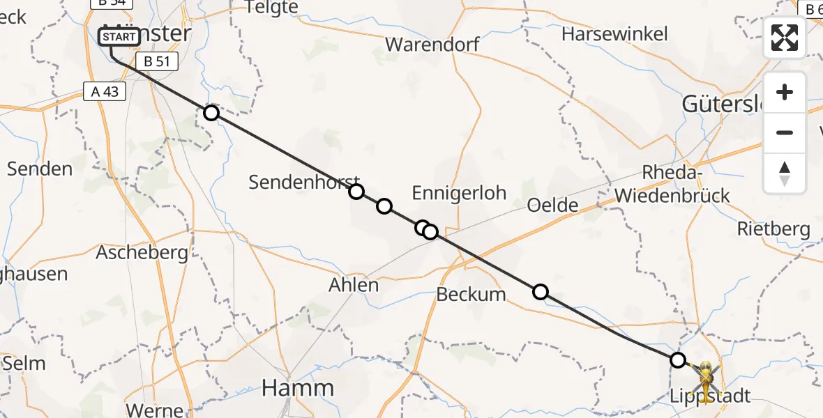 Flugroute Ambulanzhubschrauber Münster - Lippstadt, 24 Juli 2026, 09:33