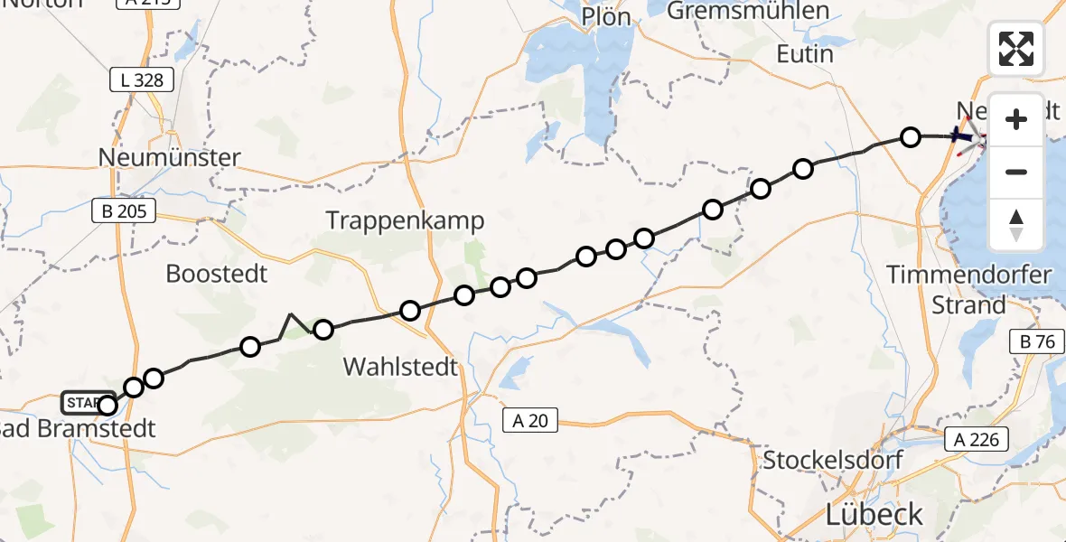 Flugroute Polizeihubschrauber Fuhlendorf - Neustadt in Holstein, 24 Juli 2026, 09:33