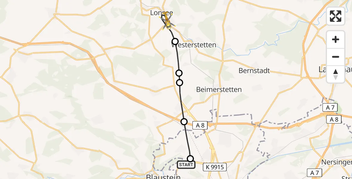 Flugroute Rettungshubschrauber Ulm Military Hospital Emergency - Lonsee, 24 Juli 2026, 09:45