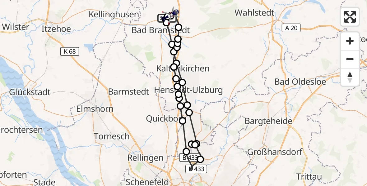 Flugroute Polizeihubschrauber Bad Bramstedt Hubschrauberlandeplatz - Wiemersdorf, 24 Juli 2026, 09:48