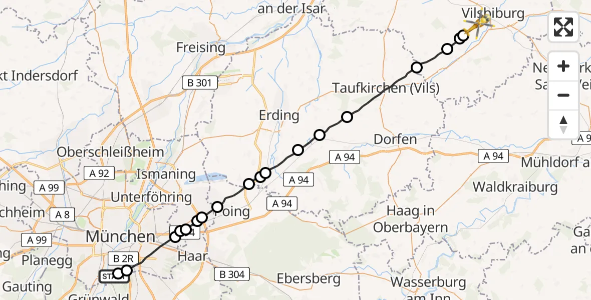 Flugroute Rettungshubschrauber ADAC Air Rescue Center Hubschrauberlandeplatz (Christoph 1) - Vilsbiburg, 24 Juli 2026, 09:53