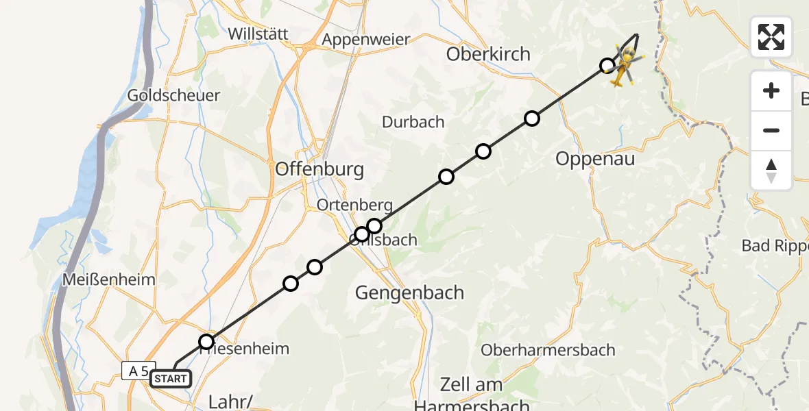 Flugroute Rettungshubschrauber Lahr Flughafen - Oppenau, 24 Juli 2026, 09:54