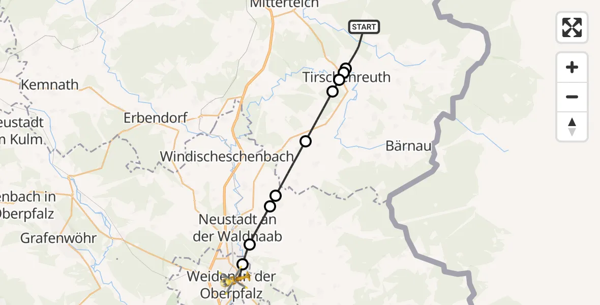 Flugroute Ambulanzhubschrauber Tirschenreuth - Weiden Hospital Hubschrauberlandeplatz, 24 Juli 2026, 09:54