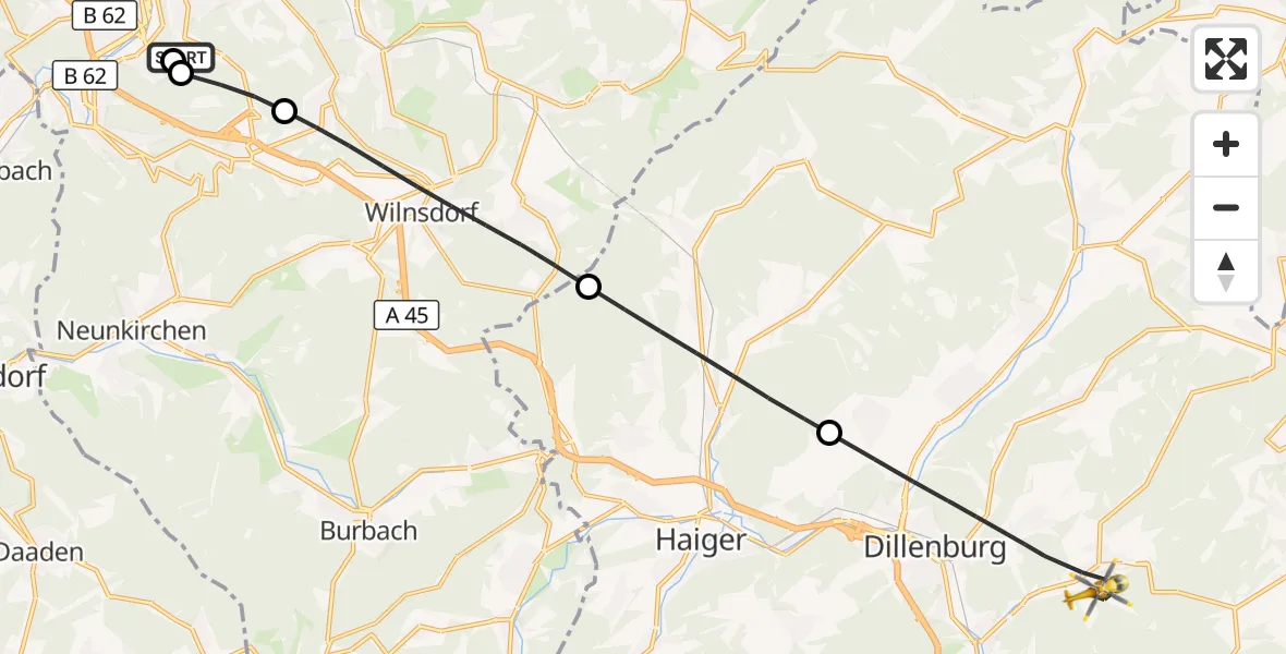 Flugroute Rettungshubschrauber Evangelisches Jung-Stilling Hospital - Dillenburg, 24 Juli 2026, 09:56