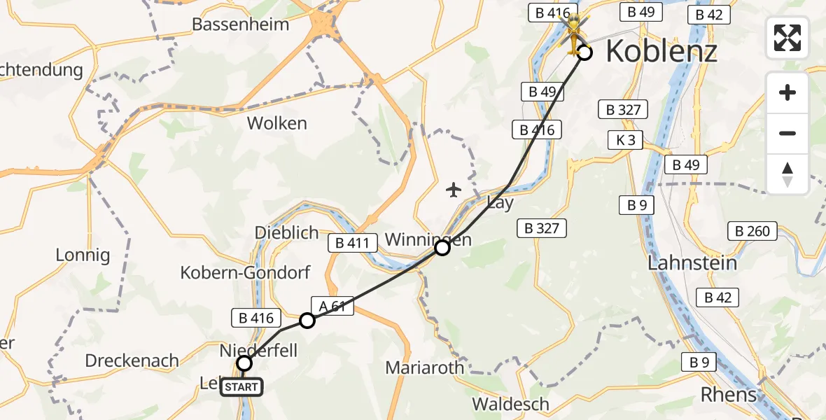 Flugroute Rettungshubschrauber Lehmen - Kemperhof Koblenz Klinikum Hubschrauberlandeplatz, 24 Juli 2026, 10:04