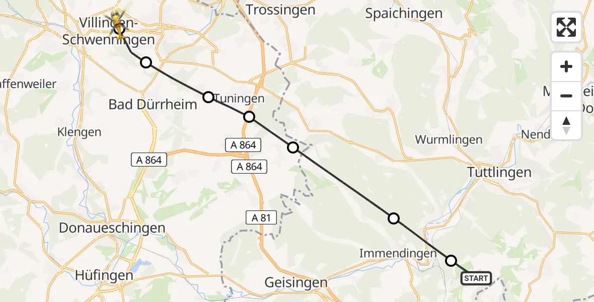 Flugroute Ambulanzhubschrauber Immendingen - DRF Air Rescue Station Villingen-Schwenningen Hubschrauberlandeplatz (Christoph 11), 24 Juli 2026, 10:13
