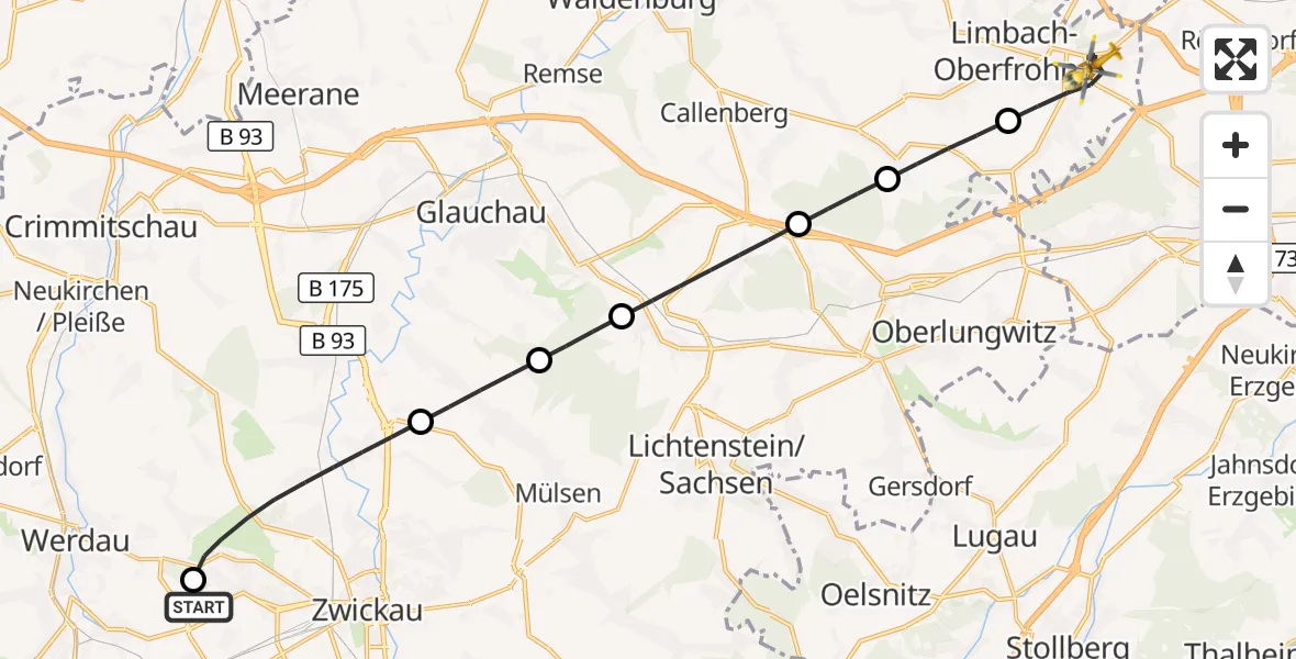 Flugroute Rettungshubschrauber ADAC Air Rescue Station Zwickau Hubschrauberlandeplatz - Limbach-Oberfrohna, 24 Juli 2026, 10:16