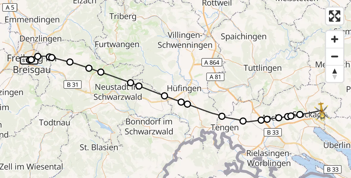 Flugroute Rettungshubschrauber Freiburg University Hospital Heliport 1 - Stockach, 24 Juli 2026, 10:18