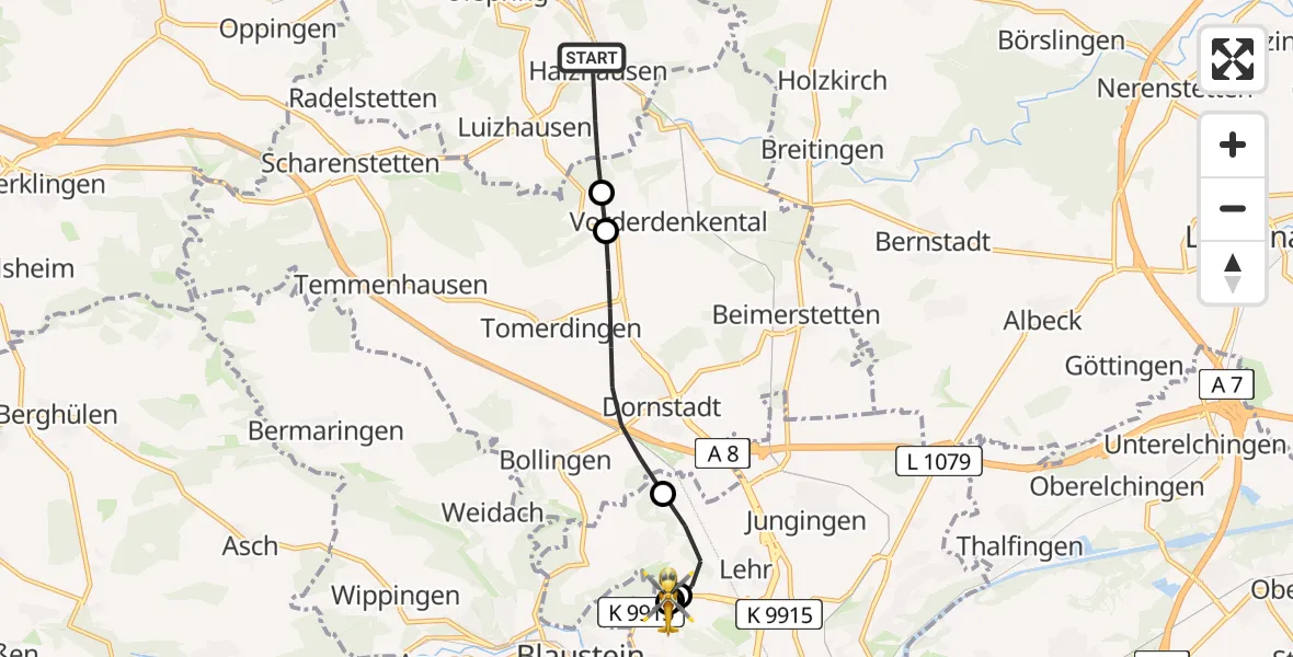 Flugroute Rettungshubschrauber Lonsee - ADAC Air Rescue Station Ulm (Christoph 22), 24 Juli 2026, 10:18