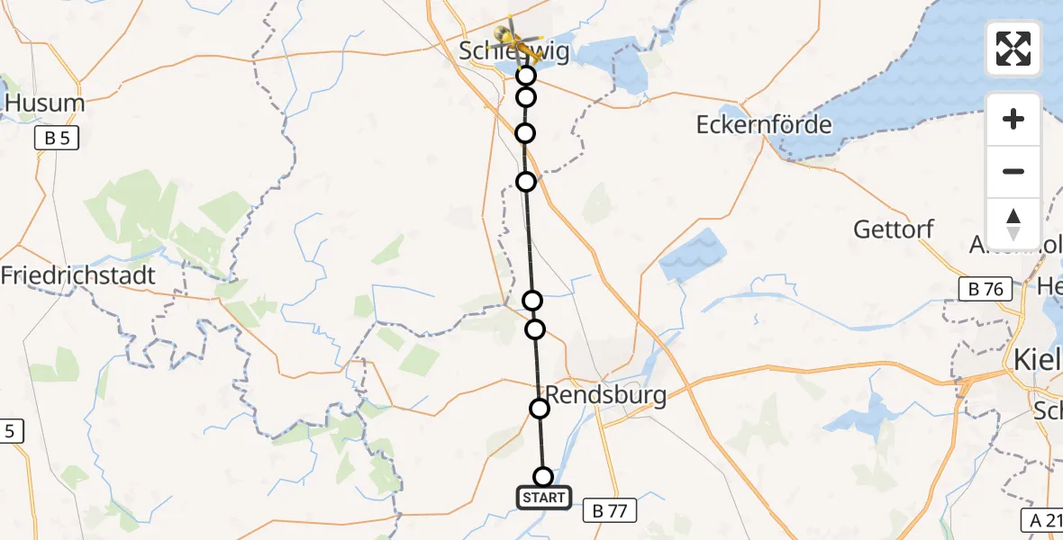 Flugroute Ambulanzhubschrauber Schülp b.Rendsburg - Schleswig, 24 Juli 2026, 10:21
