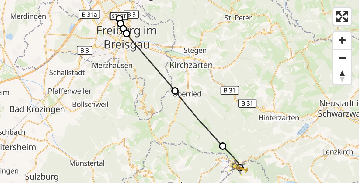 Flugroute Ambulanzhubschrauber Freiburg im Breisgau Flugplatz - St. Blasien, 24 Juli 2026, 10:35