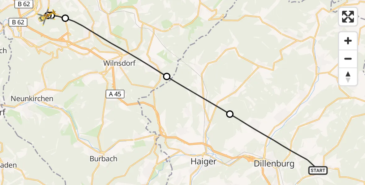 Flugroute Rettungshubschrauber Dillenburg - Evangelisches Jung-Stilling Hospital, 24 Juli 2026, 10:37
