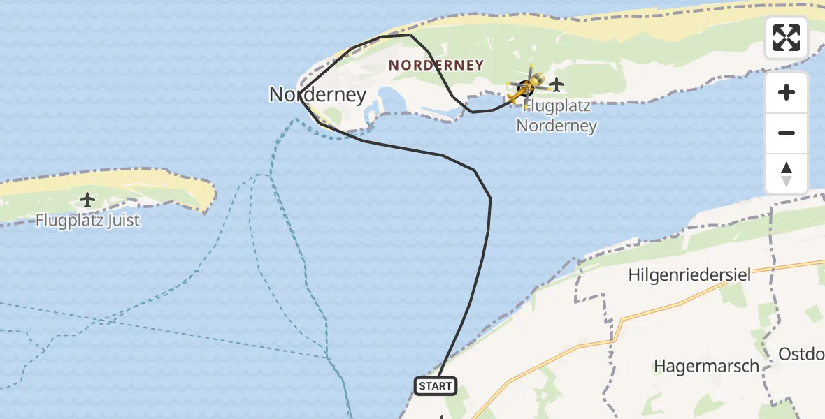 Flugroute Ambulanzhubschrauber Noordzee - Norderney Flughafen, 24 Juli 2026, 10:40