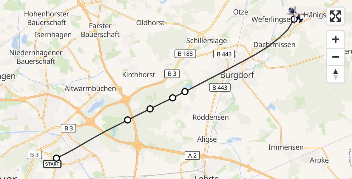Flugroute Polizeihubschrauber Hannover Luftrettung Hubschrauberlandeplatz (Christoph 4) - Uetze, 24 Juli 2026, 10:43