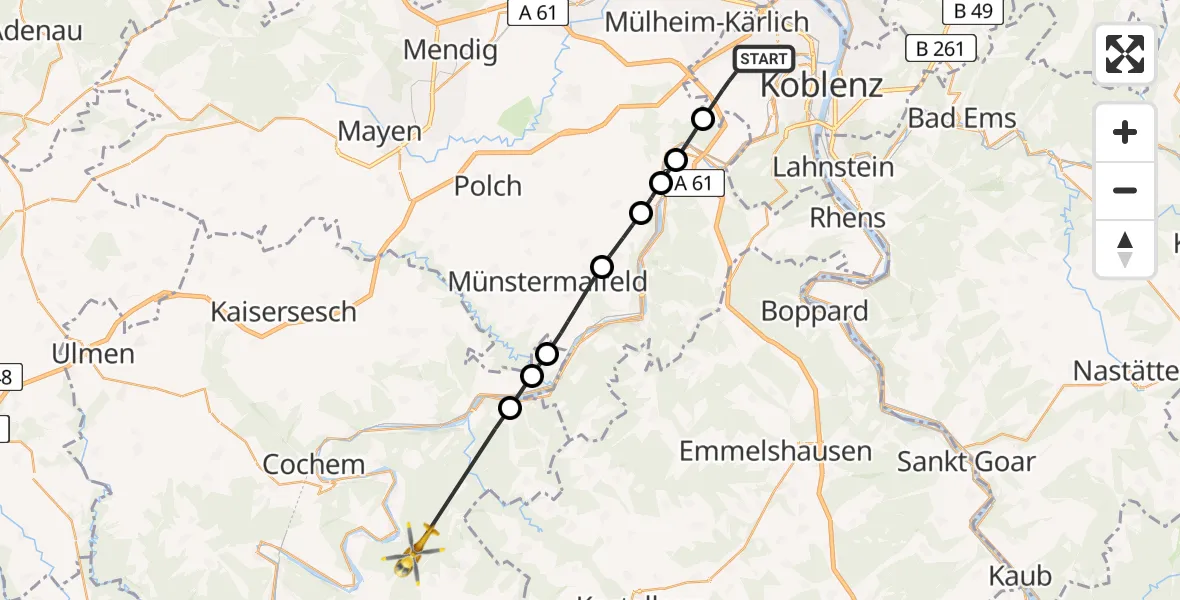 Flugroute Rettungshubschrauber Koblenz - Ellenz-Poltersdorf, 24 Juli 2026, 10:47