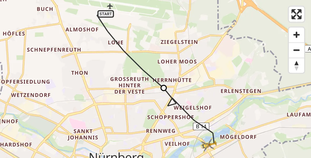 Flugroute Ambulanzhubschrauber Flughafen Nuremberg - Nürnberg, 24 Juli 2026, 10:50