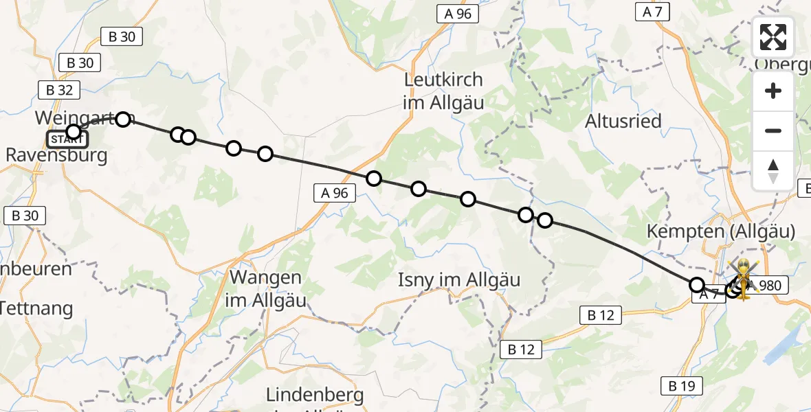 Flugroute Rettungshubschrauber Ravensburg - Kempten-Durach Flugplatz, 24 Juli 2026, 10:50