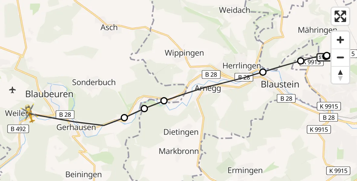 Flugroute Rettungshubschrauber Ulm Military Hospital Emergency - Blaubeuren, 24 Juli 2026, 10:53