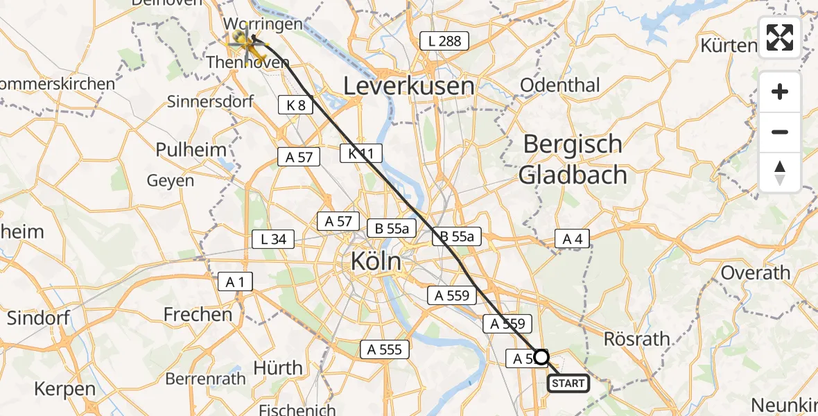 Flugroute Ambulanzhubschrauber Köln Bonn Flughafen - Köln, 24 Juli 2026, 10:54