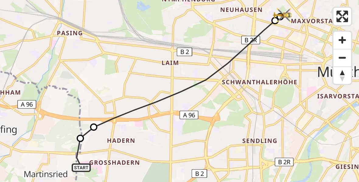 Flugroute Rettungshubschrauber DRF Air Rescue München Hubschrauberlandeplatz - Deutsches Herzzentrum München, 24 Juli 2026, 10:59