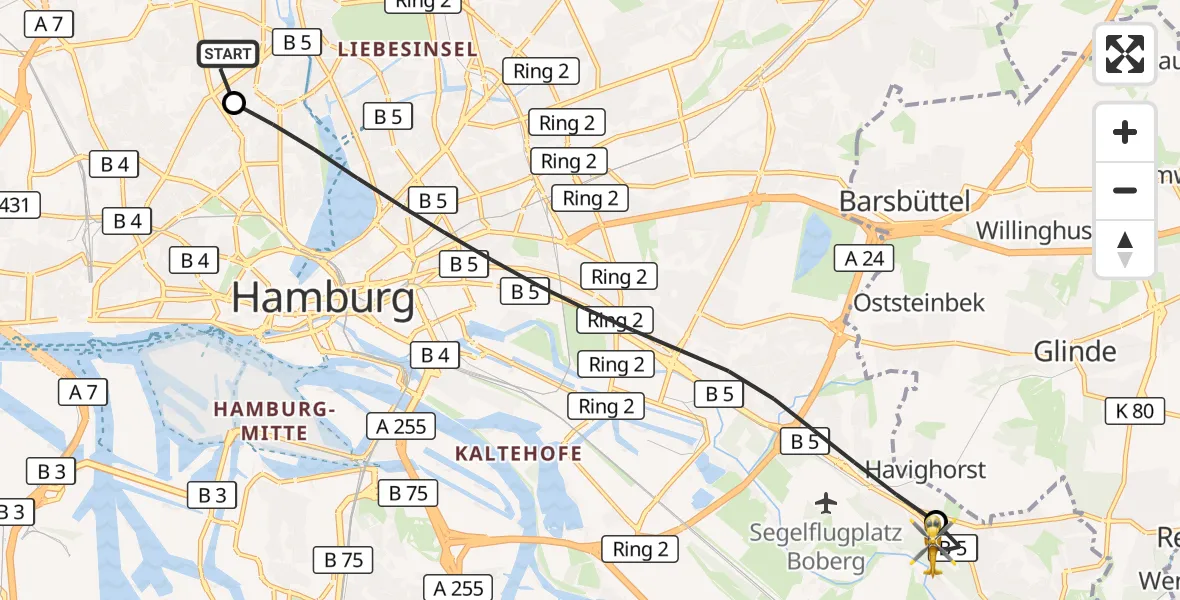 Flugroute Ambulanzhubschrauber Universitätsklinikum Hamburg-Eppendorf Hubschrauberlandeplatz - Christoph Hansa ADAC Hubschrauberlandeplatz, 24 Juli 2026, 11:03