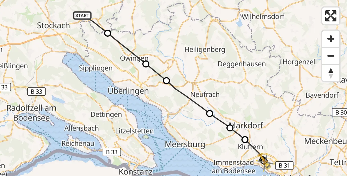 Flugroute Rettungshubschrauber Stockach - Friedrichshafen Hospital, 24 Juli 2026, 11:08