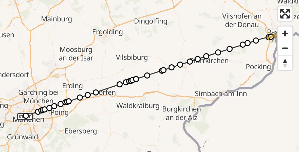 Flugroute Rettungshubschrauber Deutsches Herzzentrum München - Passau, 24 Juli 2026, 11:11