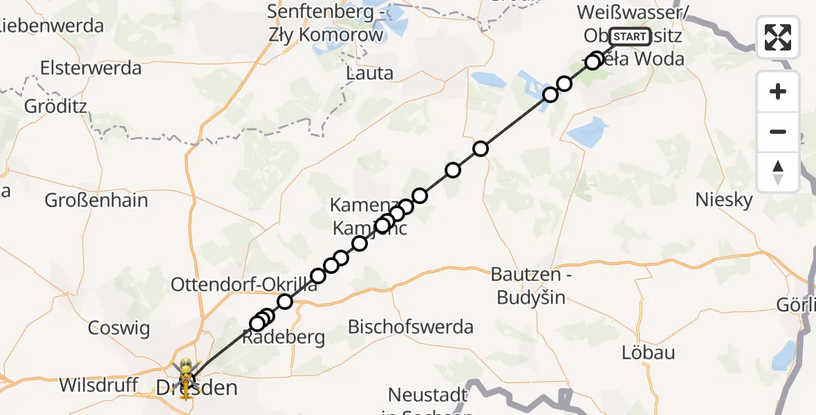 Flugroute Rettungshubschrauber Weißwasser/O.L. - Dresden Friedrichstadt Hospital, 24 Juli 2026, 11:15