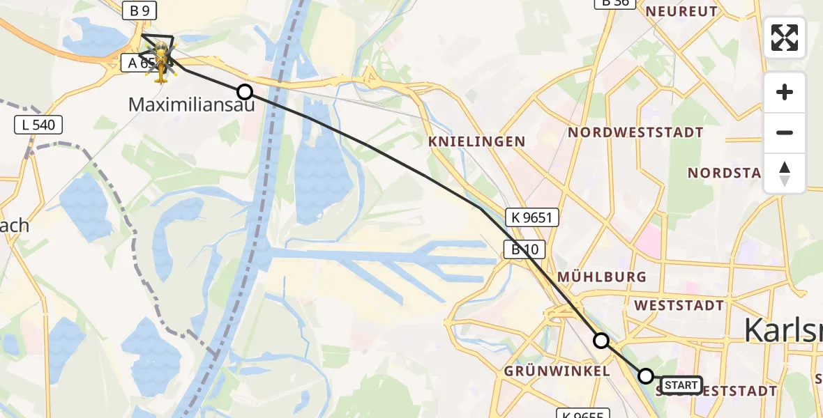 Flugroute Ambulanzhubschrauber Sankt Vincentius Hospital - Wörth am Rhein, 24 Juli 2026, 11:21