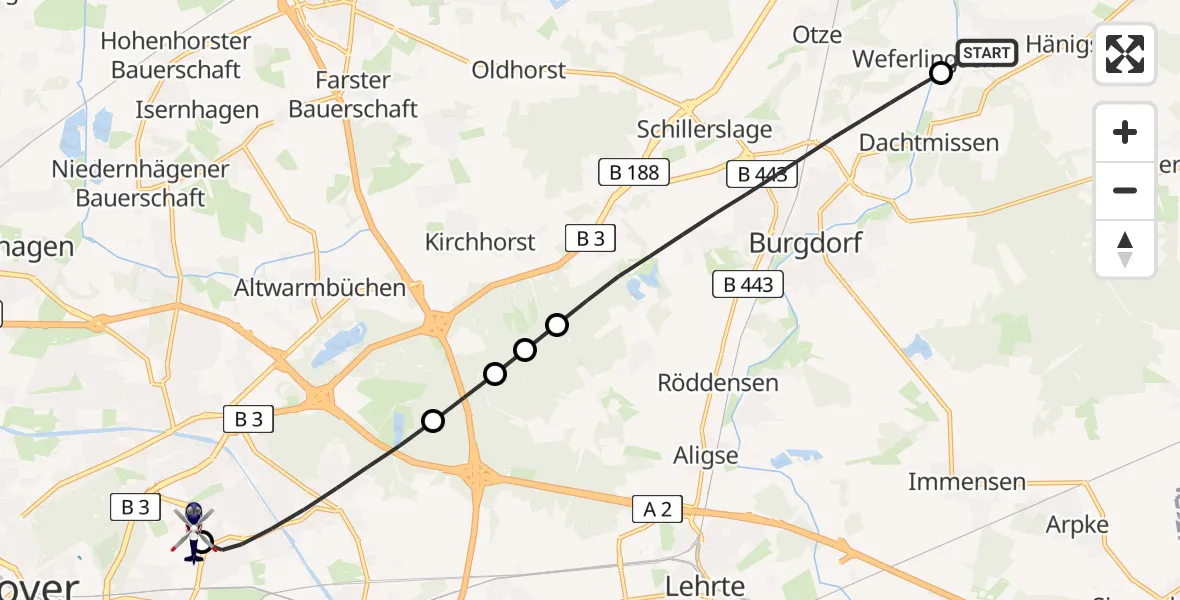 Flugroute Polizeihubschrauber Uetze - Hannover Luftrettung Hubschrauberlandeplatz (Christoph 4), 24 Juli 2026, 11:23