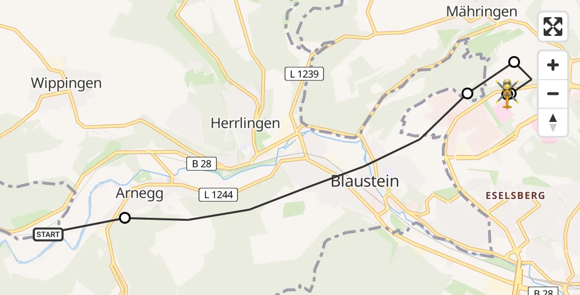 Flugroute Rettungshubschrauber Blaubeuren - ADAC Air Rescue Station Ulm (Christoph 22), 24 Juli 2026, 11:23