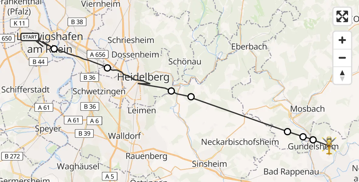 Flugroute Rettungshubschrauber Ludwigshafen am Rhein - Gundelsheim, 24 Juli 2026, 11:25