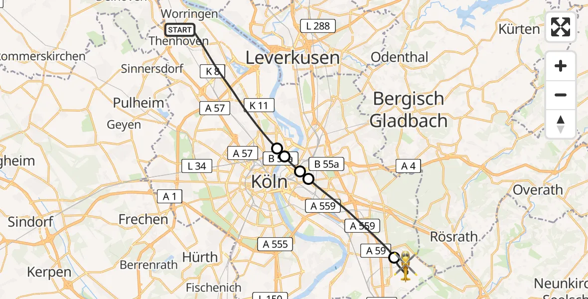 Flugroute Ambulanzhubschrauber Köln - Köln Bonn Flughafen, 24 Juli 2026, 11:26