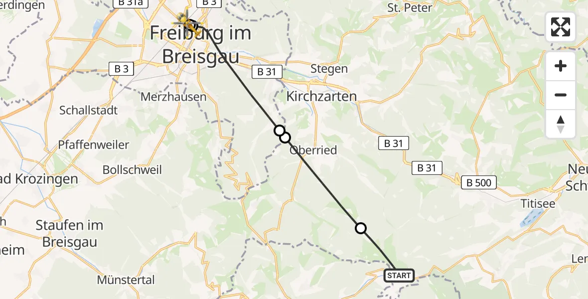 Flugroute Ambulanzhubschrauber Feldberg (Schwarzwald) - Freiburg University Hospital Heliport 1, 24 Juli 2026, 11:26