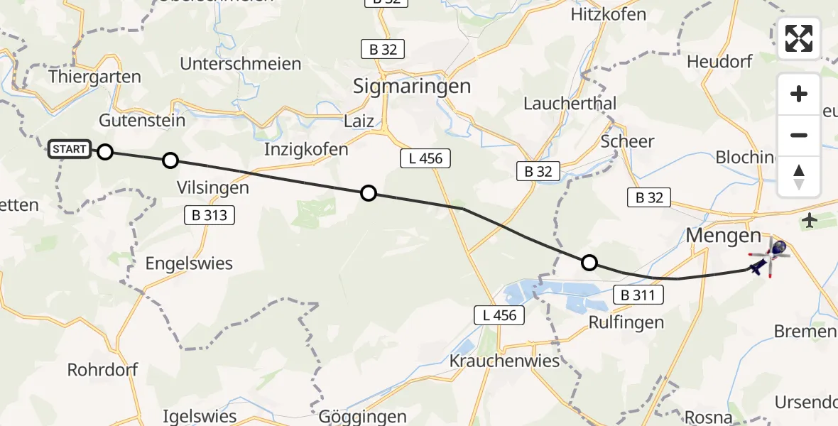 Flugroute Polizeihubschrauber Beuron - Mengen, 24 Juli 2026, 11:28