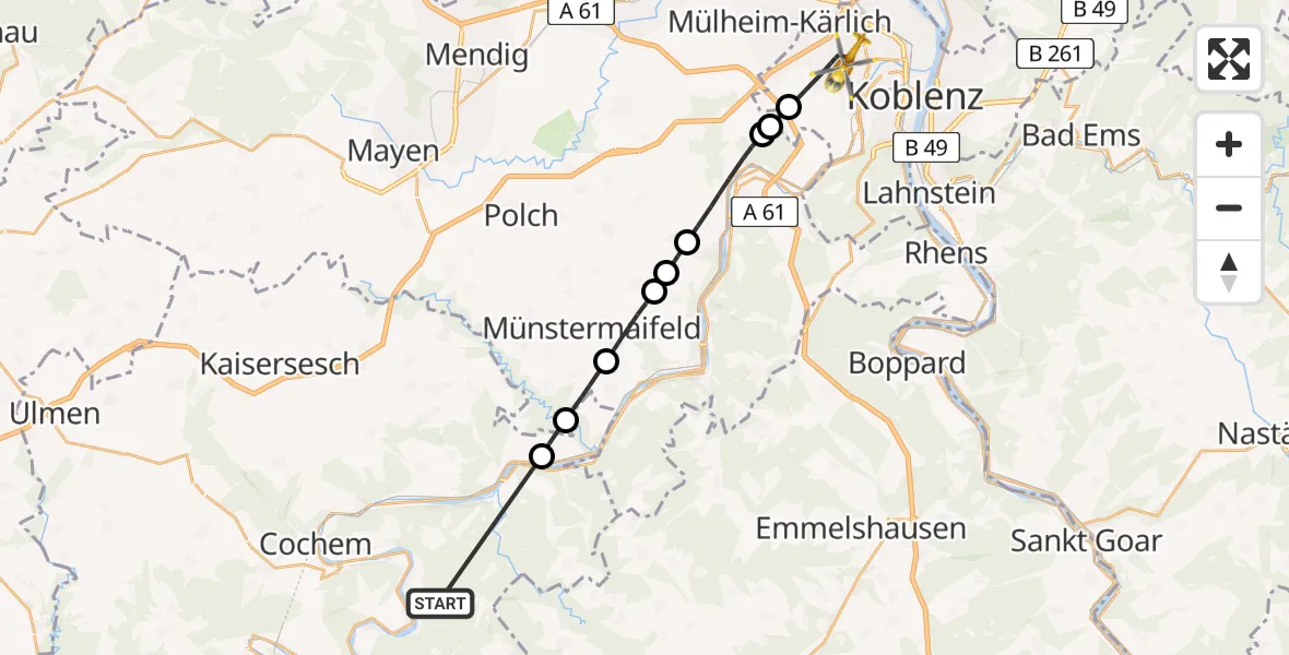 Flugroute Rettungshubschrauber Bruttig-Fankel - Koblenz, 24 Juli 2026, 11:31