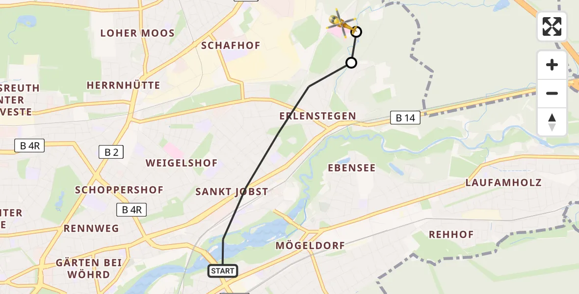 Flugroute Ambulanzhubschrauber Nürnberg - Martha-Maria Nürnberg Hospital, 24 Juli 2026, 11:32