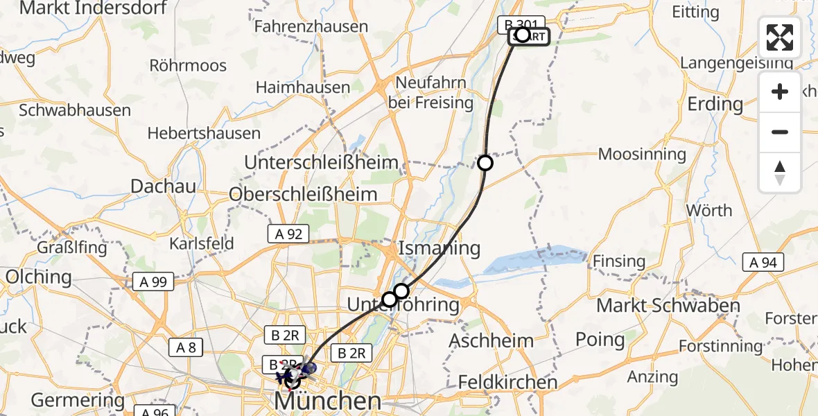 Flugroute Polizeihubschrauber München Flughafen - Deutsches Herzzentrum München, 24 Juli 2026, 11:40