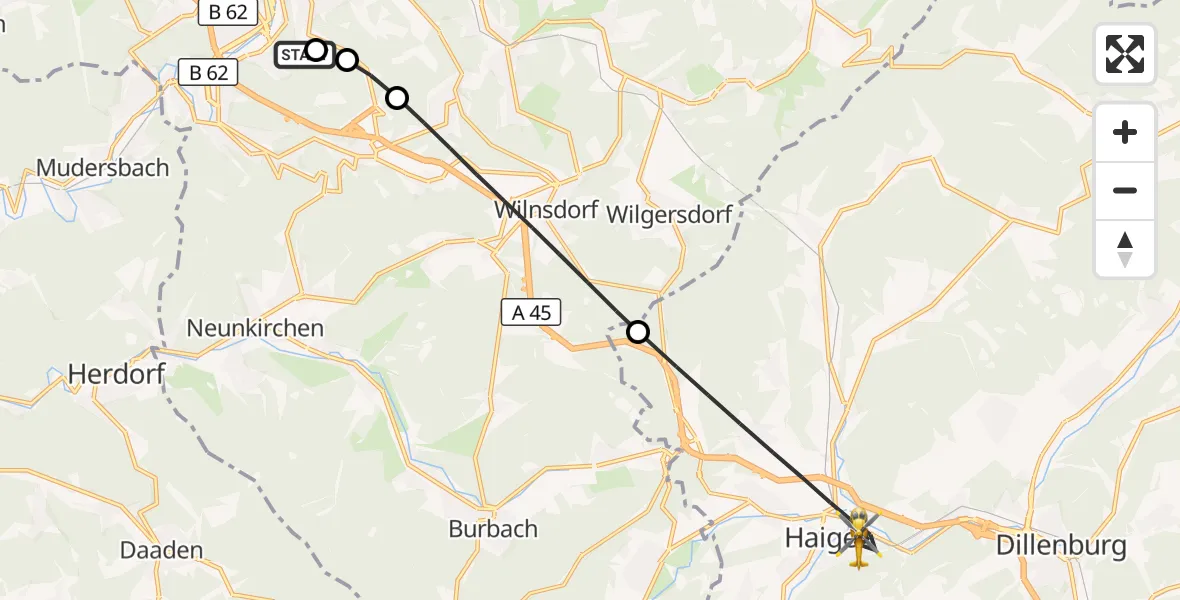 Flugroute Rettungshubschrauber Evangelisches Jung-Stilling Hospital - Haiger, 24 Juli 2026, 11:44
