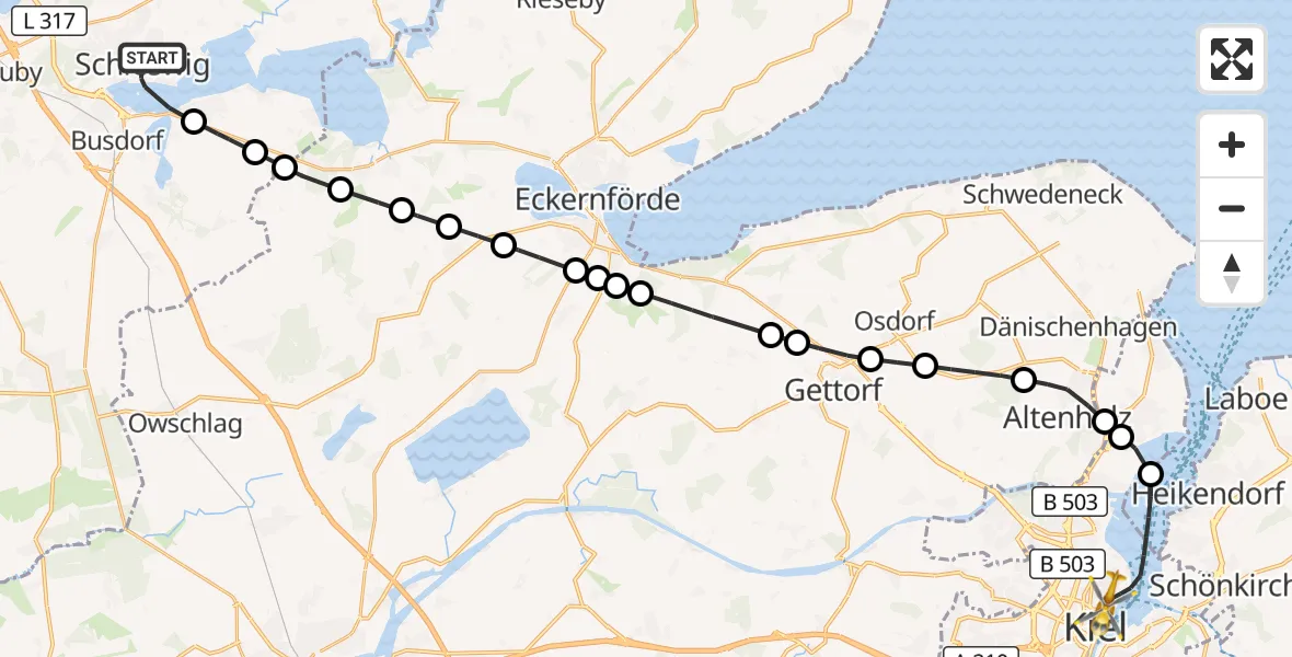 Flugroute Ambulanzhubschrauber Schleswig - Kiel, 24 Juli 2026, 11:45