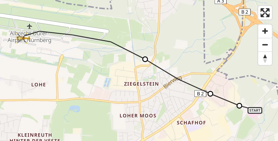 Flugroute Ambulanzhubschrauber Martha-Maria Nürnberg Hospital - Flughafen Nuremberg, 24 Juli 2026, 11:46