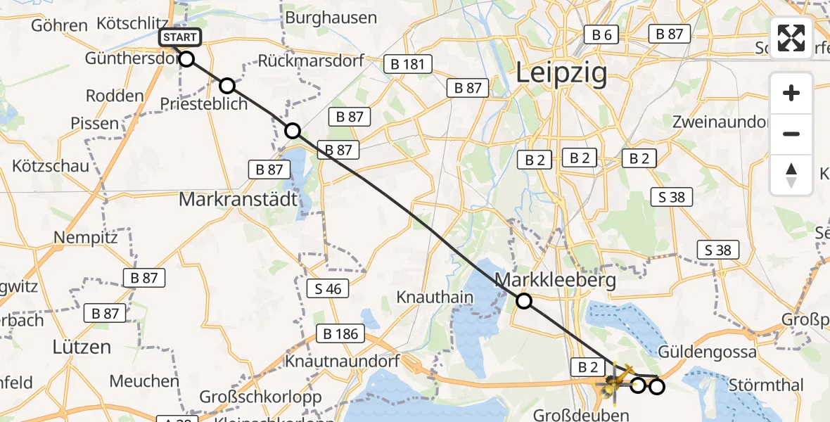 Flugroute Rettungshubschrauber ADAC Air Rescue Station Leipzig/Schkeuditz-Dölzig Hubschrauberlandeplatz (Christoph 61) - Markkleeberg, 24 Juli 2026, 11:48