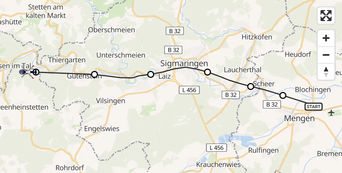 Flugroute Polizeihubschrauber Mengen - Leibertingen, 24 Juli 2026, 11:49