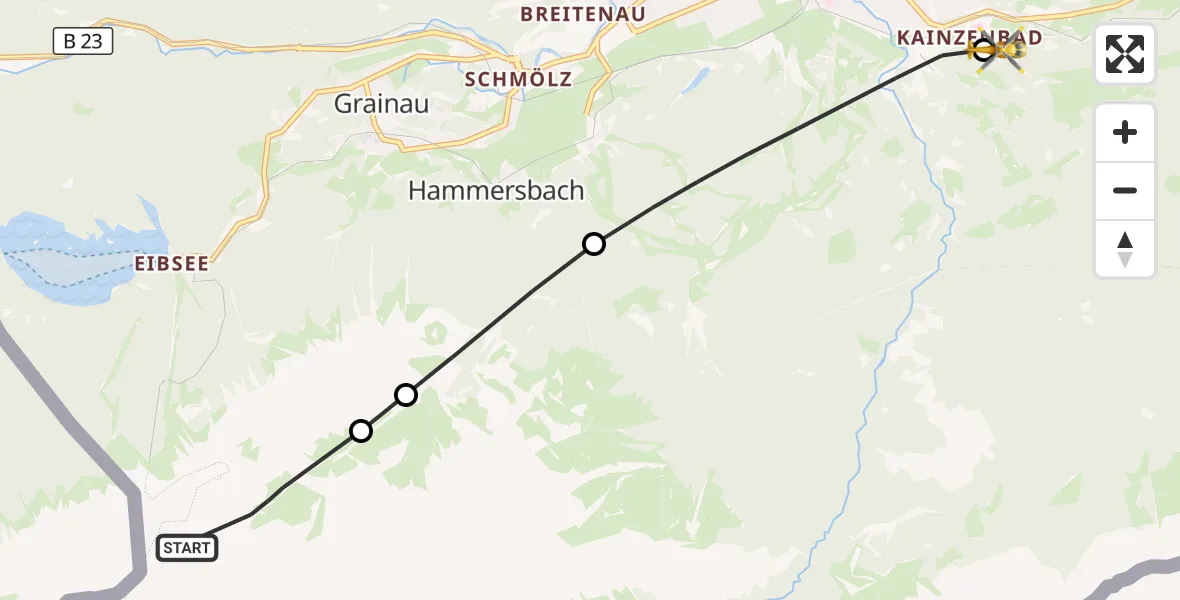 Flugroute Rettungshubschrauber Grainau - Garmisch-Partenkirchen Clinic Hubschrauberlandeplatz, 24 Juli 2026, 11:50