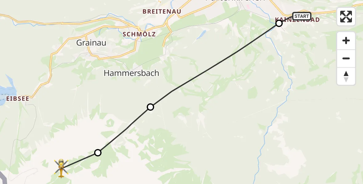 Flugroute Rettungshubschrauber Garmisch-Partenkirchen Clinic Hubschrauberlandeplatz - Grainau, 24 Juli 2026, 11:59
