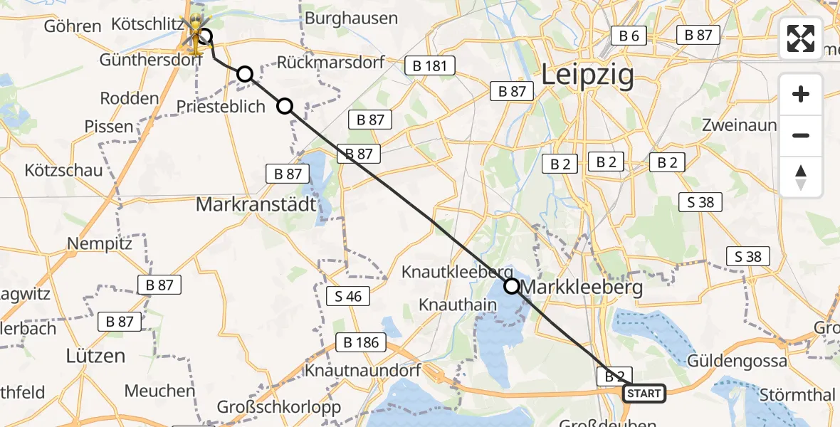 Flugroute Rettungshubschrauber Markkleeberg - ADAC Air Rescue Station Leipzig/Schkeuditz-Dölzig Hubschrauberlandeplatz (Christoph 61), 24 Juli 2026, 12:06