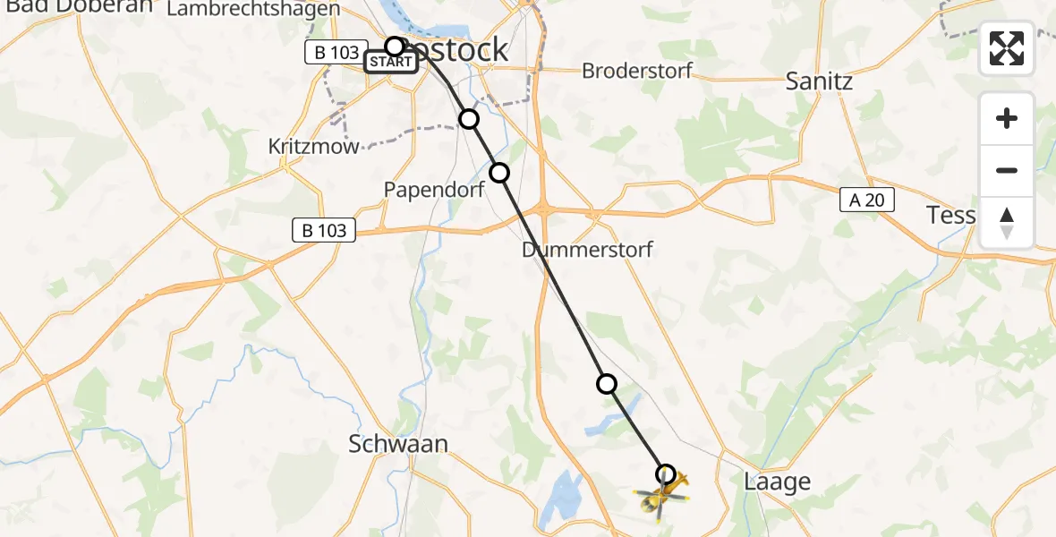 Flugroute Rettungshubschrauber Rostock University Hubschrauberlandeplatz - Flughafen Rostock-Laage, 24 Juli 2026, 12:09