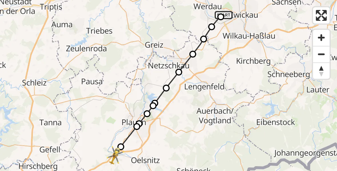Flugroute Rettungshubschrauber ADAC Air Rescue Station Zwickau Hubschrauberlandeplatz - Weischlitz, 24 Juli 2026, 12:09